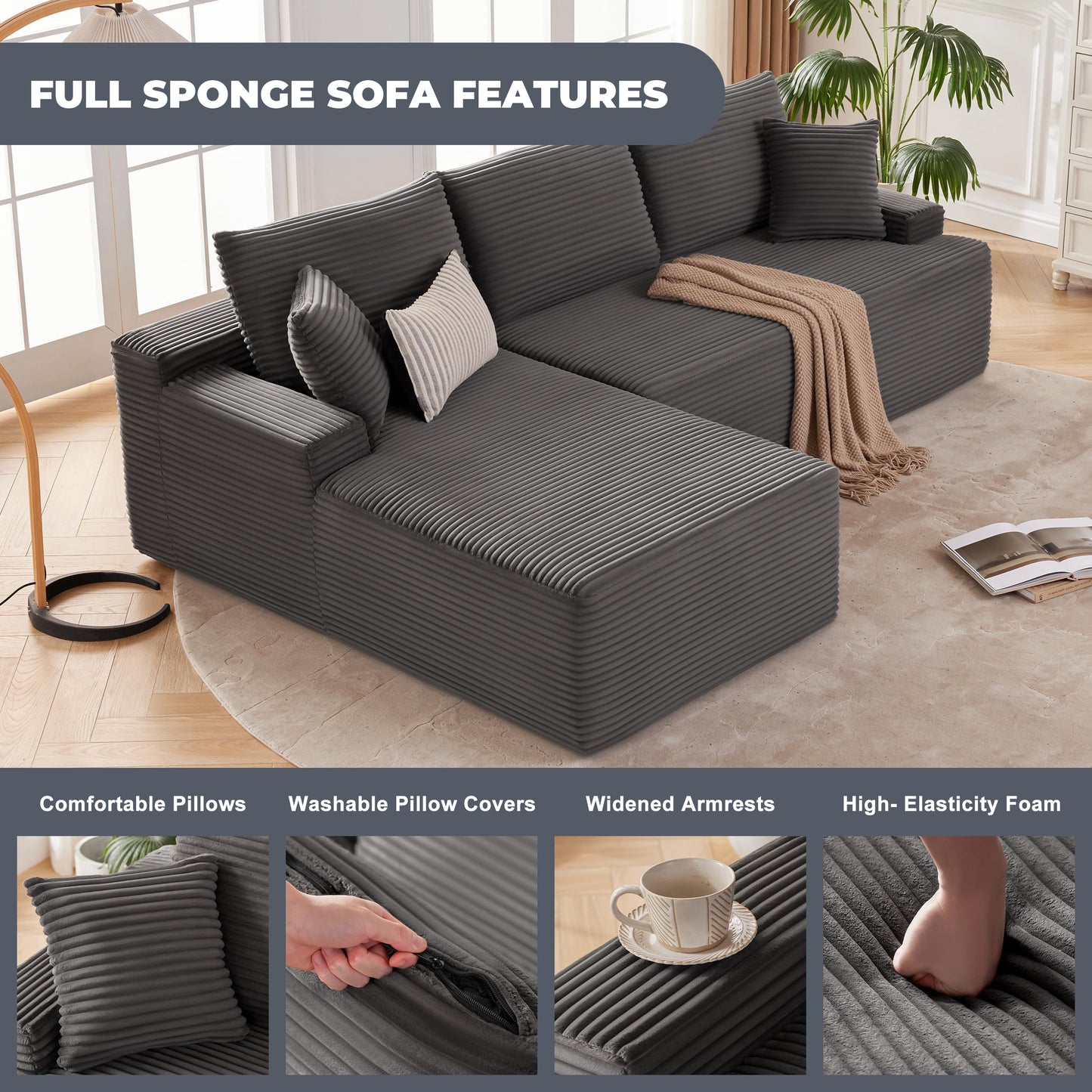 Mangodan Cloud Sectional Couch, Boneless Sofa for Living Room, Modular Sectional Sofa with Deep Seat, Fluffy Comfy Couch with L-Shaped Chaise, No Assembly Required, Dark Grey