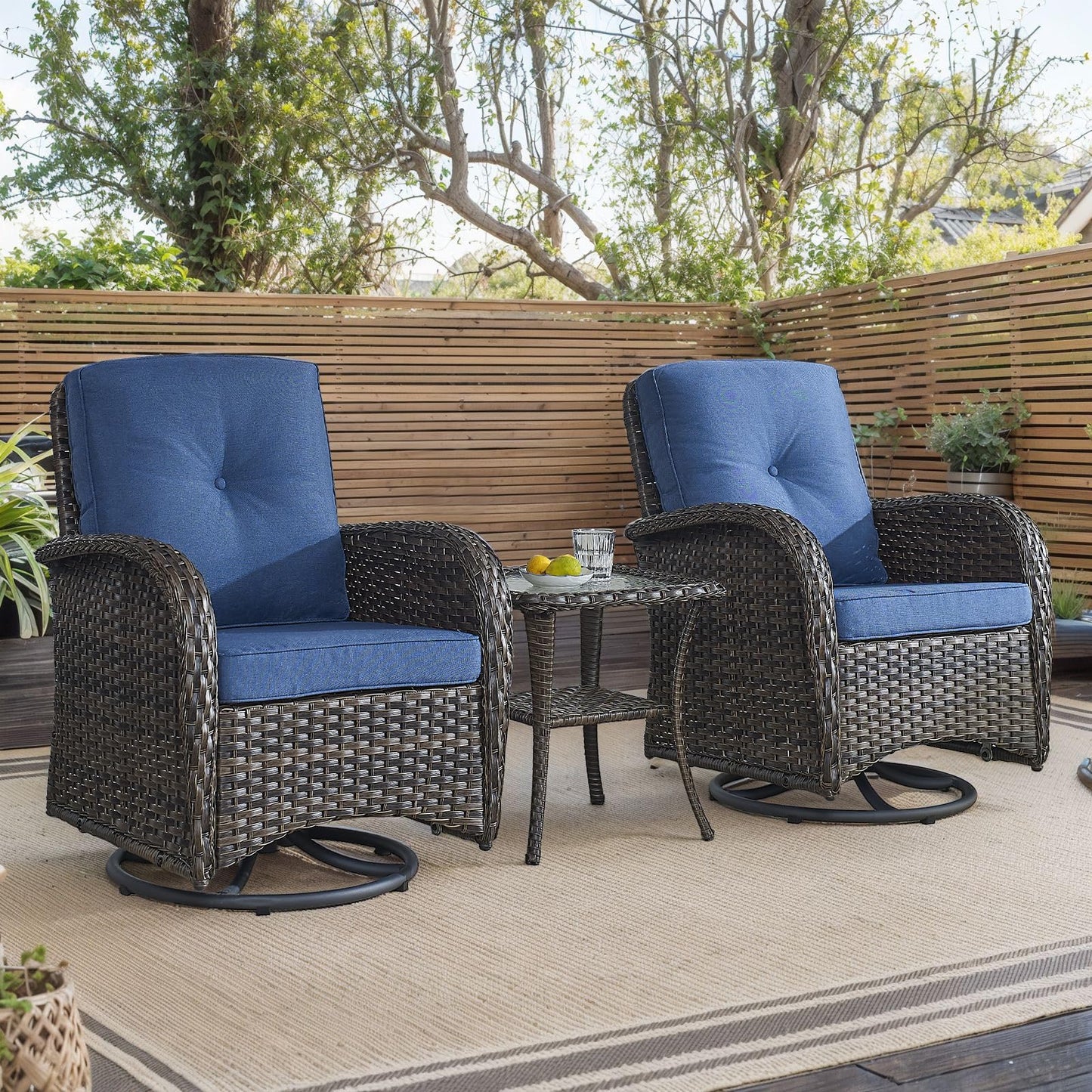 HUMMUH Outdoor Swivel Chairs,3 Pieces Patio Furniture Set with 360 Degree Wicker Swivel Rocking Chairs and Side Table for Garden,Porch,Backyard (Brown/Blue)