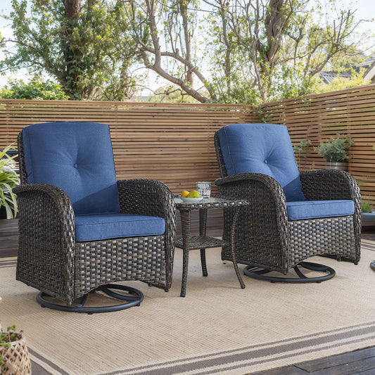 HUMMUH Outdoor Swivel Chairs,3 Pieces Patio Furniture Set with 360 Degree Wicker Swivel Rocking Chairs and Side Table for Garden,Porch,Backyard (Brown/Blue)