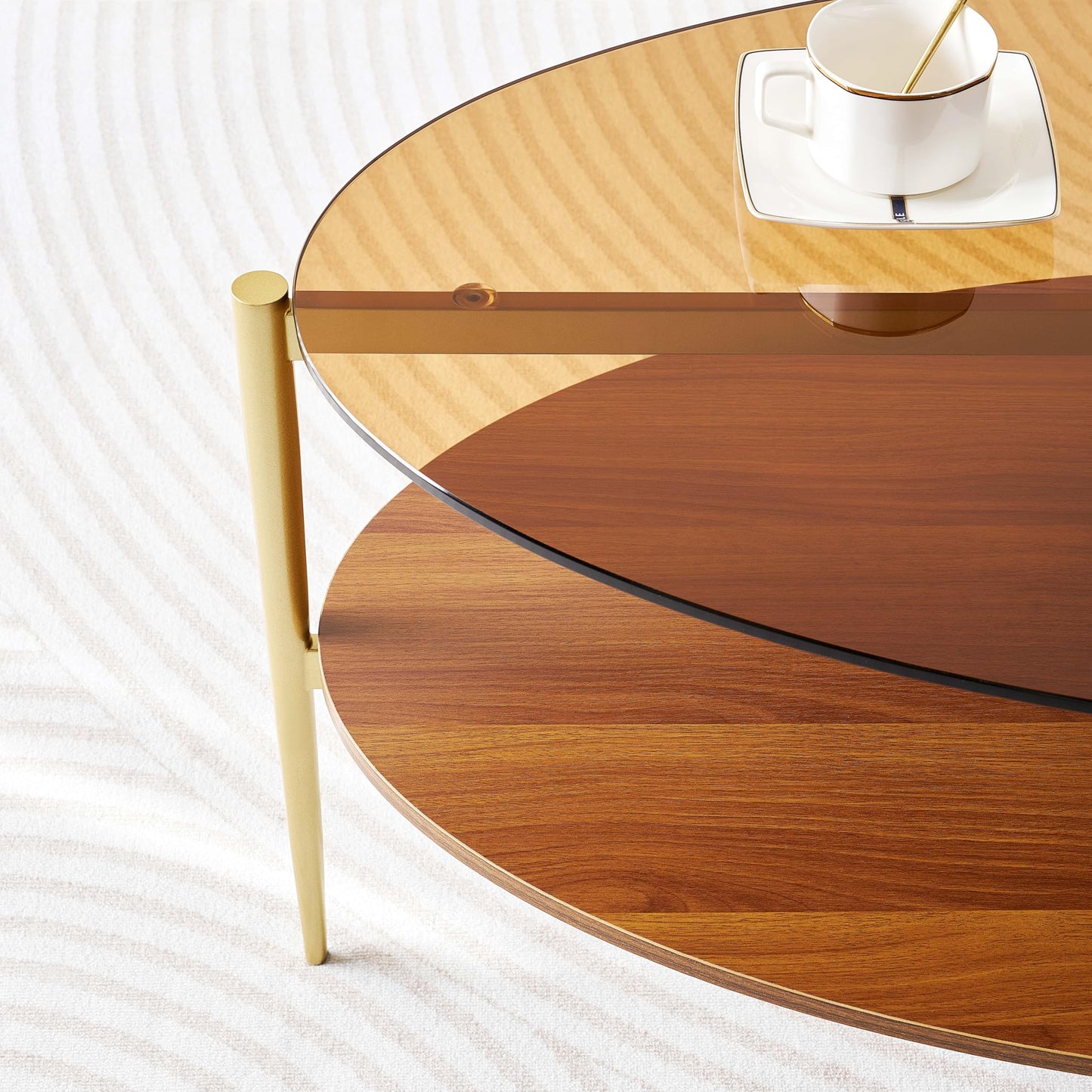 LumFurn Oval Glass Coffee Table, Mid-Century Modern Design, L43 x W22 x H17 inch, 2-Tier Structure, Olive Shaped Amber Glass Top and Walnut Finish Wood Shelf, Tapered Legs with Gold Finish Frame