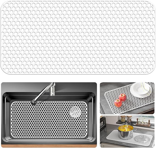 Bestjing Silicone Sink Protectors for Kitchen Sink - 28.4"x 14.3" Kitchen Protector Accessory, Non-Slip Heat Resistant Mat for Bottom of Farmhouse Porcelain Stainless Steel (White)