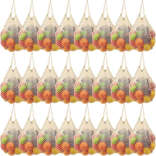 Woanger 24 Pcs Reusable Cotton Mesh Produce Shopping Bags Washable Grocery Net Portable Fruit and Vegetable Cotton String Bags Long Handle Net Tote Organizer(Short Handle)