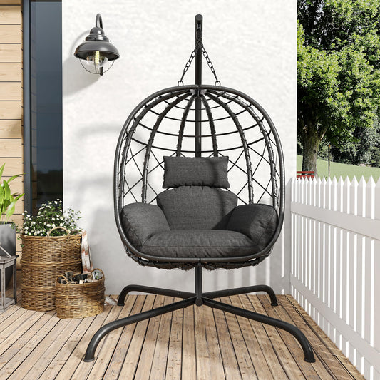 Hanging Egg Chair with Stand Patio Wicker Rattan Swing Chair Hammock Egg Chair for Indoor & Outdoor 400lbs Capacity with Thickened Cushion for Bedroom Balcony Garden