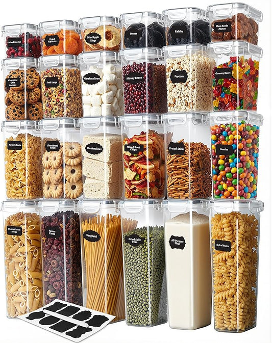 KICHLY Airtight Food Storage Containers Set with Lids – 24 Pack BPA-Free Plastic Pantry Organizers for Cereal, Flour, Sugar & Dry Food (Clear)