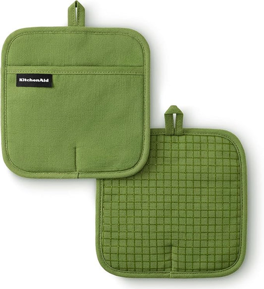 KITCHENAID Gourmet Series Gridlines Pot Holders 2-Pack Set, Heat Resistant up to 600°F, Soft Silicone Grip, Magnetic Cuff, Matcha Green, 8"x8"