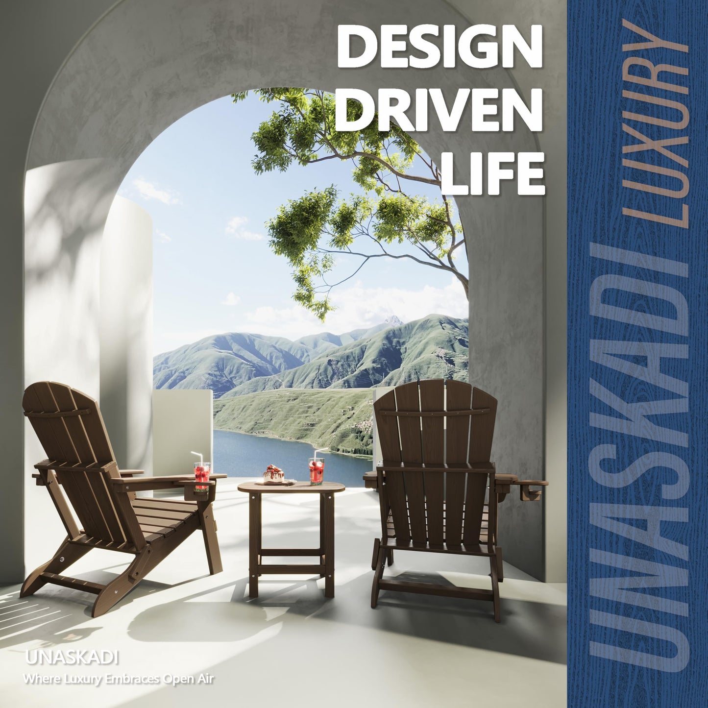 Folding Adirondack Chair Set of 4 with Cup Holder, HDPE All Weather Resistant Plastic Outdoor Patio Chairs, Heavy Duty Fire Pit Seating for Backyard Lawn Garden, Wooden Textured Design(Coffee)