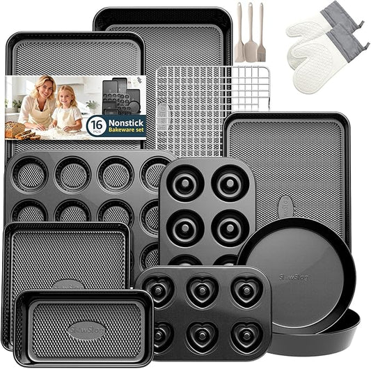 16-Piece Nonstick Bakeware Set with Oven Mitts, Donut Pan, and Heart Pan, Stackable Carbon Steel Baking Pans Set with Kitchen Utensils and Rack, Ceramic Coating, Black