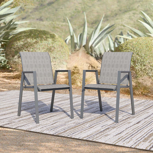 Puntogen Stackable Patio Chairs Set of 2, Outdoor Dining Chairs with High Back & Metal Frame, Lightweight Sling Chair for Lawn Garden Deck, Grey