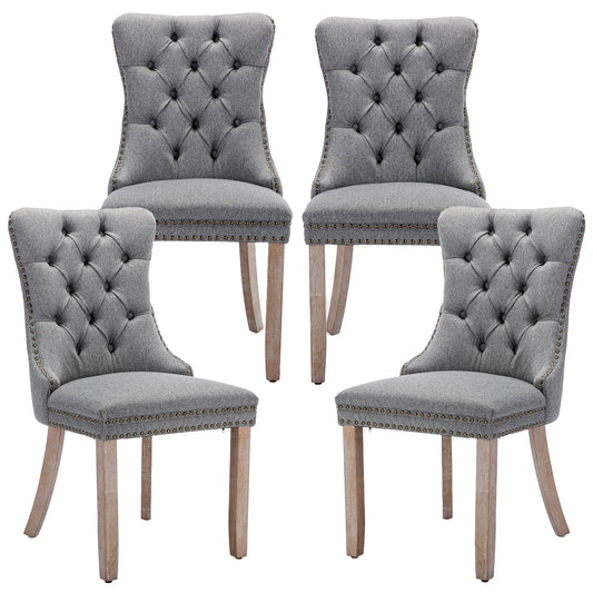 LKTART Upholstered Dining Chairs Set of 4 with Button Tufted, Linen Chair with Solid Wood Legs for Dining Room, Living Room, Bedroom, Kitchen Grey