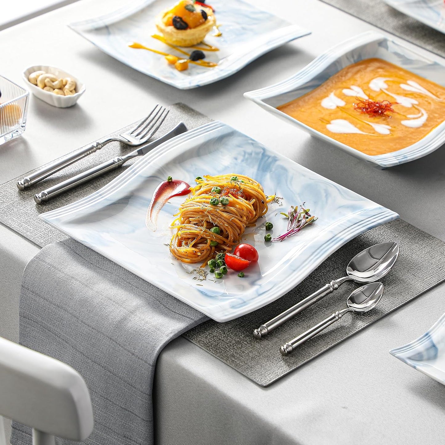 MALACASA Dinnerware Sets for 6, 30 Piece Porcelain Plates and Bowls Sets, Square Dish Set with Dinner Plate and Bowl, Cup and Saucer, Blue Dishes Dinnerware Set, Modern Dishware Sets, Series Flora
