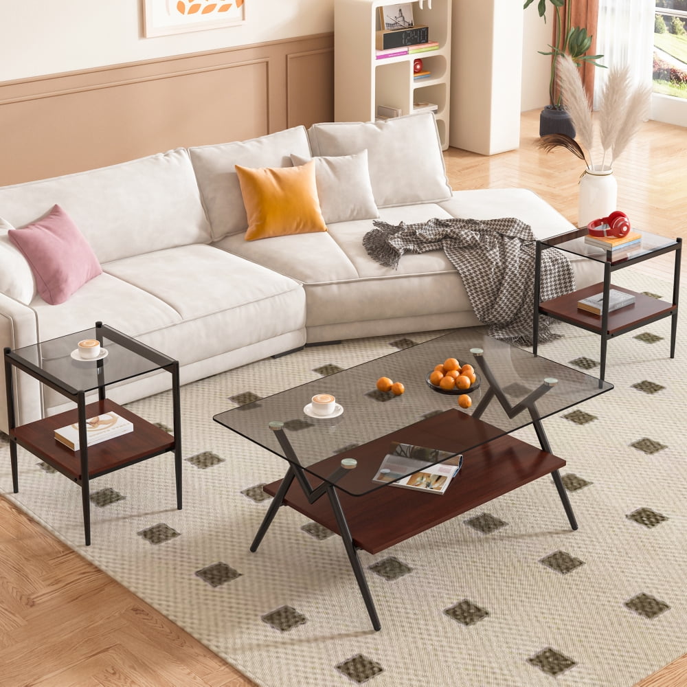 Coffee Table and End tables Set of 3, Tempered Glass Table with MDF layer, Modern Tables for Living Room , Transparent Glass