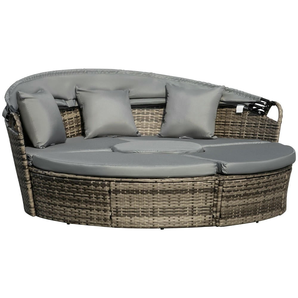 YYAo Outdoor Daybed Set, Sunbed Set,4-Piece Round Convertible Daybed, Outdoor PE Rattan Patio Wicker Sofa Set with 2 Chairs, Table, 3 Pillows, Gray