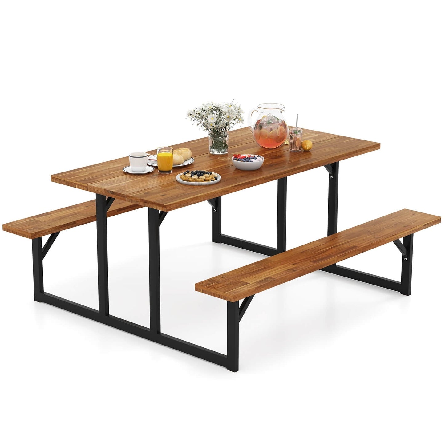 Costway 6-Person Acacia Wood Picnic Table with 2 Built-In Benches Umbrella Hole Metal Frame