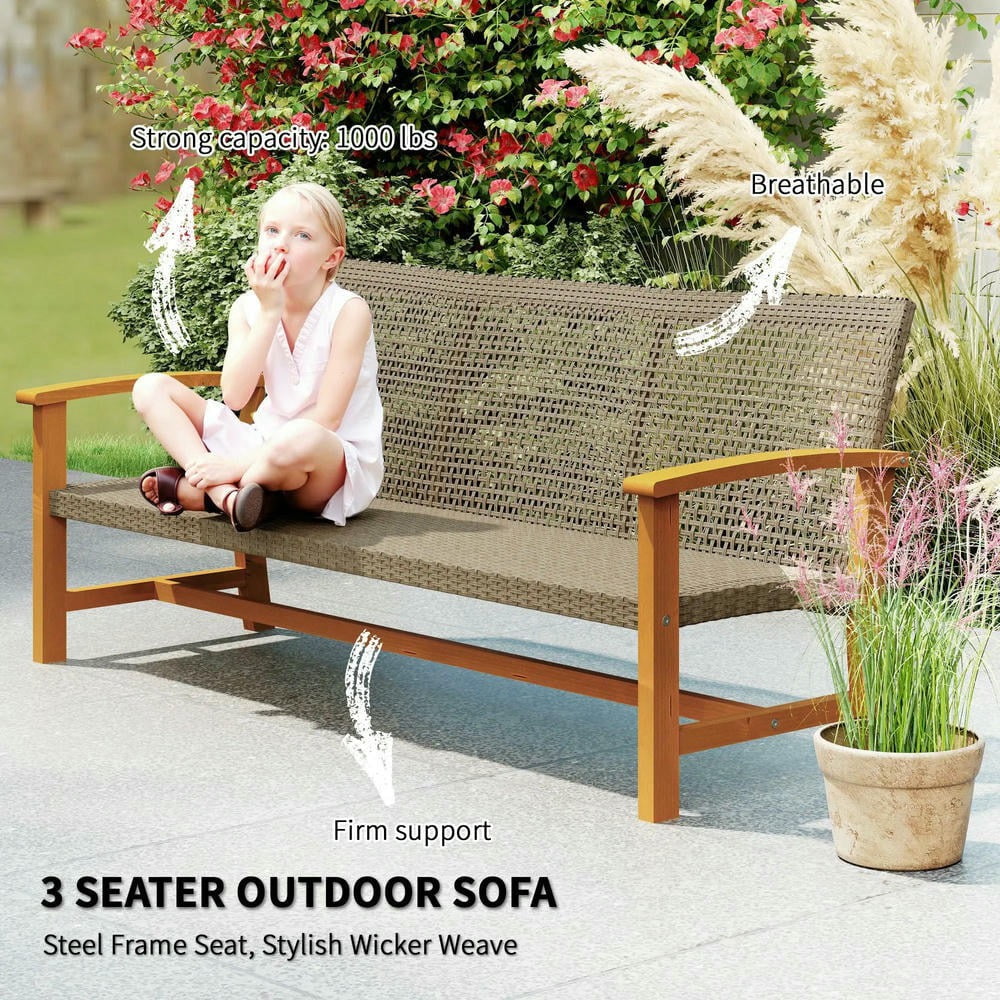 Barara King Patio Outdoor Sofa,3-Seat Wicker Outdoor Couch Patio Sofa, Acacia Wood Patio Furniture with Steel Seat Armrests, Teak